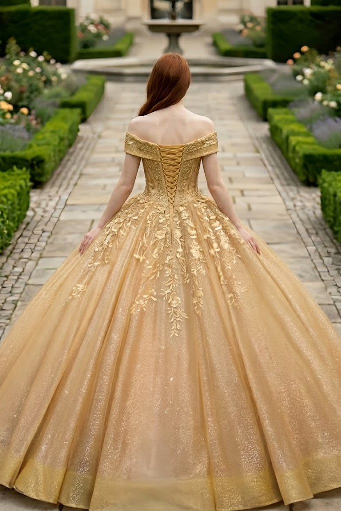 Gold Ball Gown Off the Shoulder Quinceanera Dress with Appliques