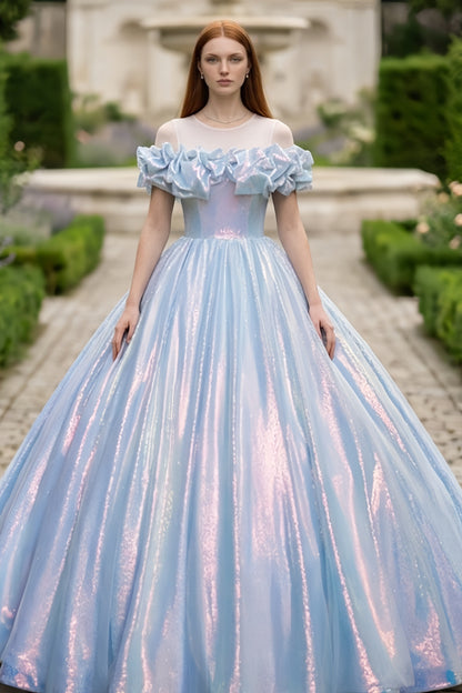Sequin Blue Ball Gown Round Neck Quinceanera Dress