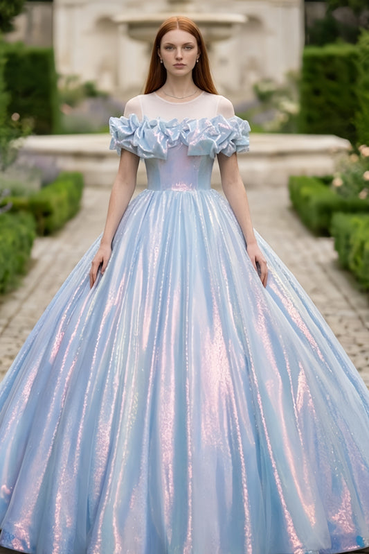 Sequin Blue Ball Gown Round Neck Quinceanera Dress