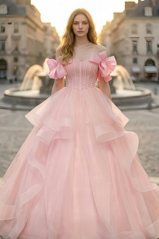 Pink Ball Gown Off the Shoulder Quinceanera Dress with Ruffles