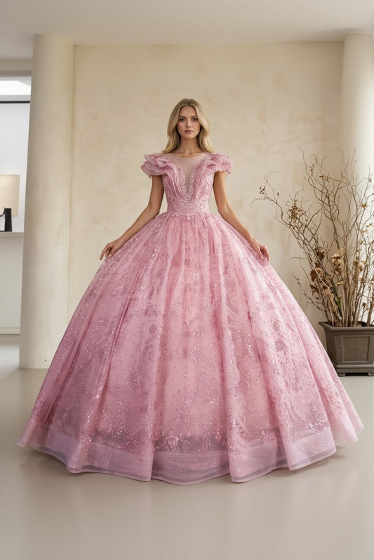 Pink Ball Gown Illusion Neck Quinceanera Dress with Lace