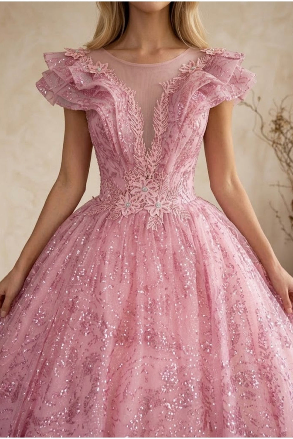 Pink Ball Gown Illusion Neck Quinceanera Dress with Lace