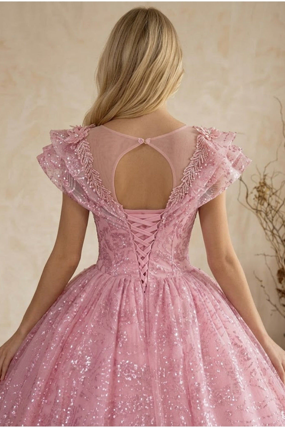 Pink Ball Gown Illusion Neck Quinceanera Dress with Lace