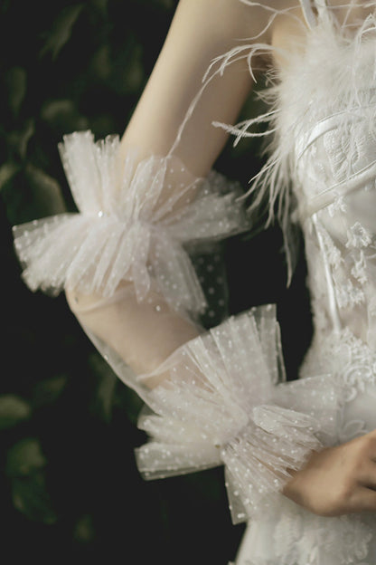 Sheer Polka Dot Fingerless Wedding Gloves with Ruffles