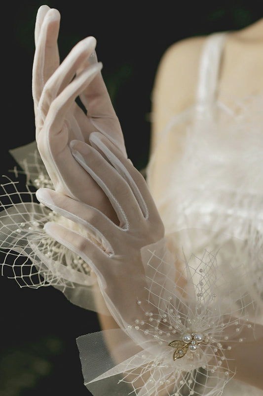 Sheer Short Wedding Gloves with Pearl Netting Cuffs