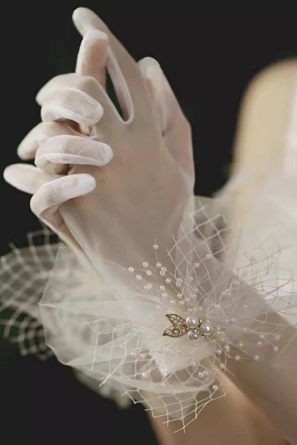 Sheer Short Wedding Gloves with Pearl Netting Cuffs