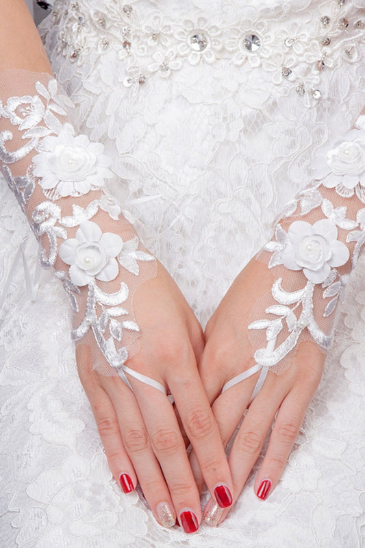 White Floral Lace Fingerless Wedding Gloves