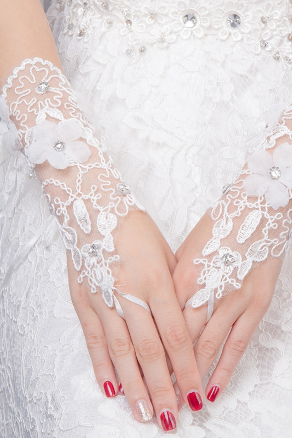 White Rhinestone Floral Lace Fingerless Wedding Gloves