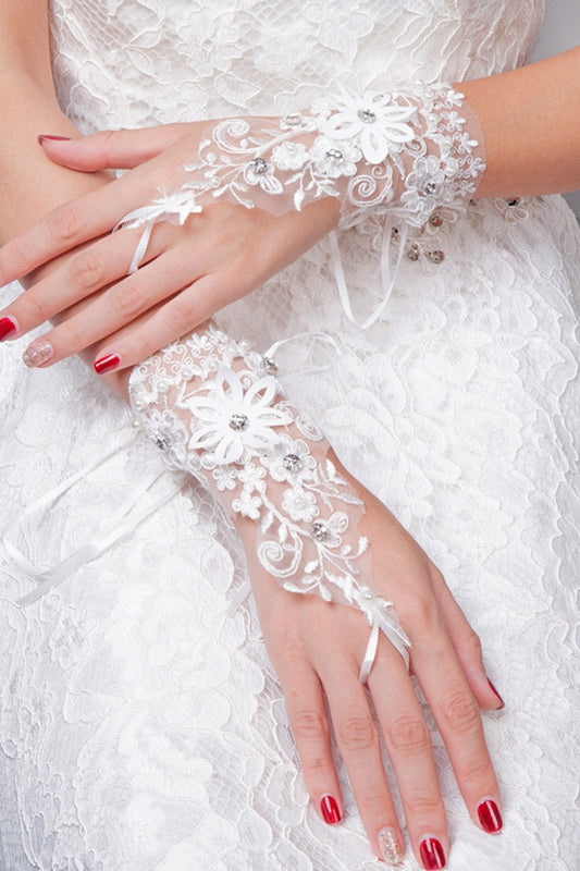 White Lace Fingerless Wedding Gloves with Rhinestones and Pearls