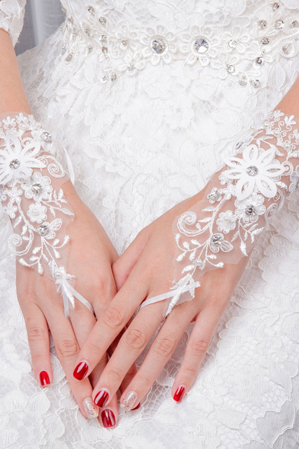 White Lace Fingerless Wedding Gloves with Rhinestones and Pearls