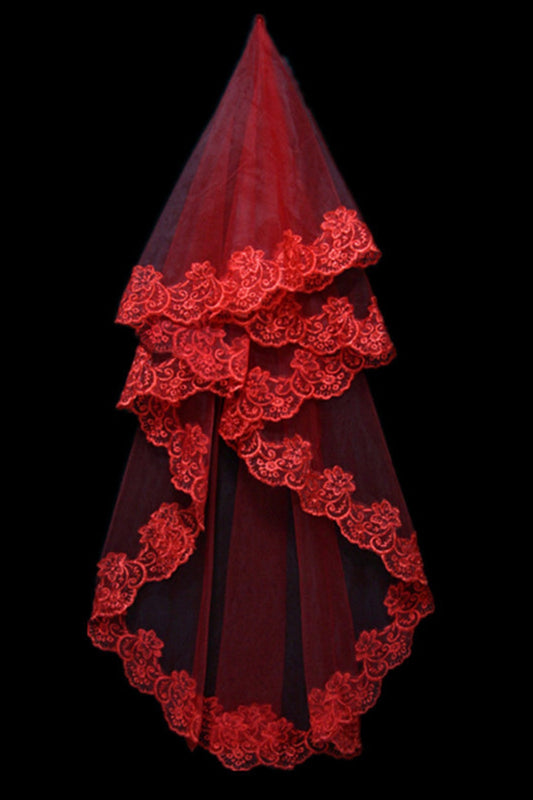 Red Fingertip Wedding Veil with Scalloped Lace Edge