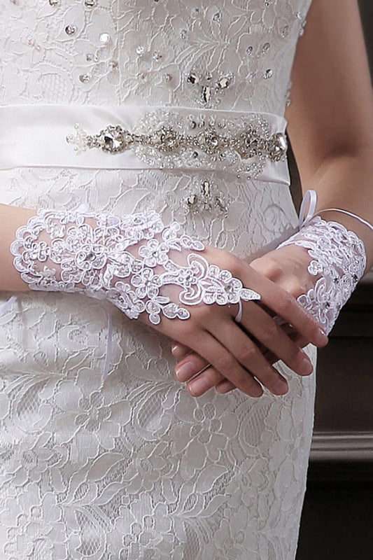 White Wrist-Length Lace Fingerless Wedding Gloves with Rhinestones