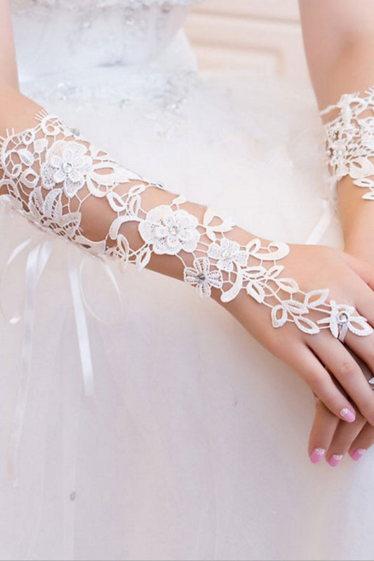 White Wrist-Length Lace Fingerless Wedding Gloves with Rhinestones