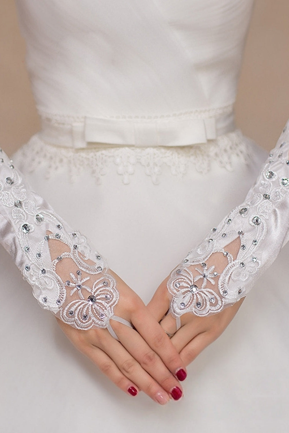 White Long Satin Lace Fingerless Wedding Gloves with Rhinestones