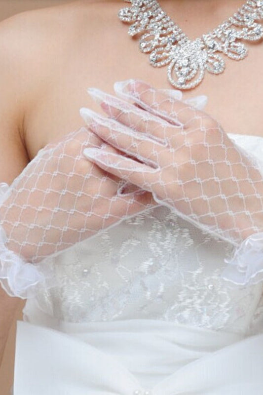 White Mesh Short Wedding Gloves with Ruffled Cuffs