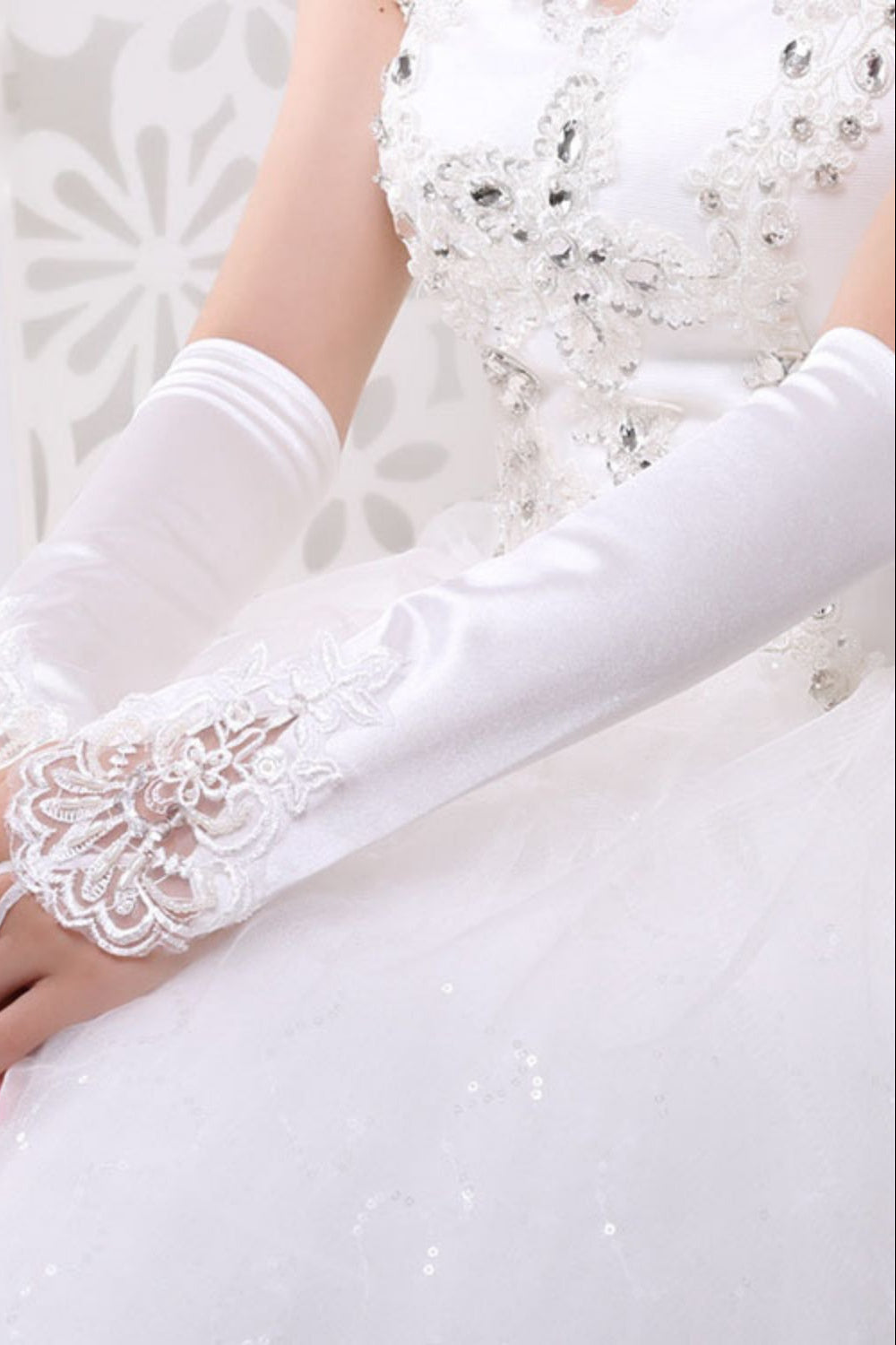 White Long Satin Fingerless Wedding Gloves with Lace Applique