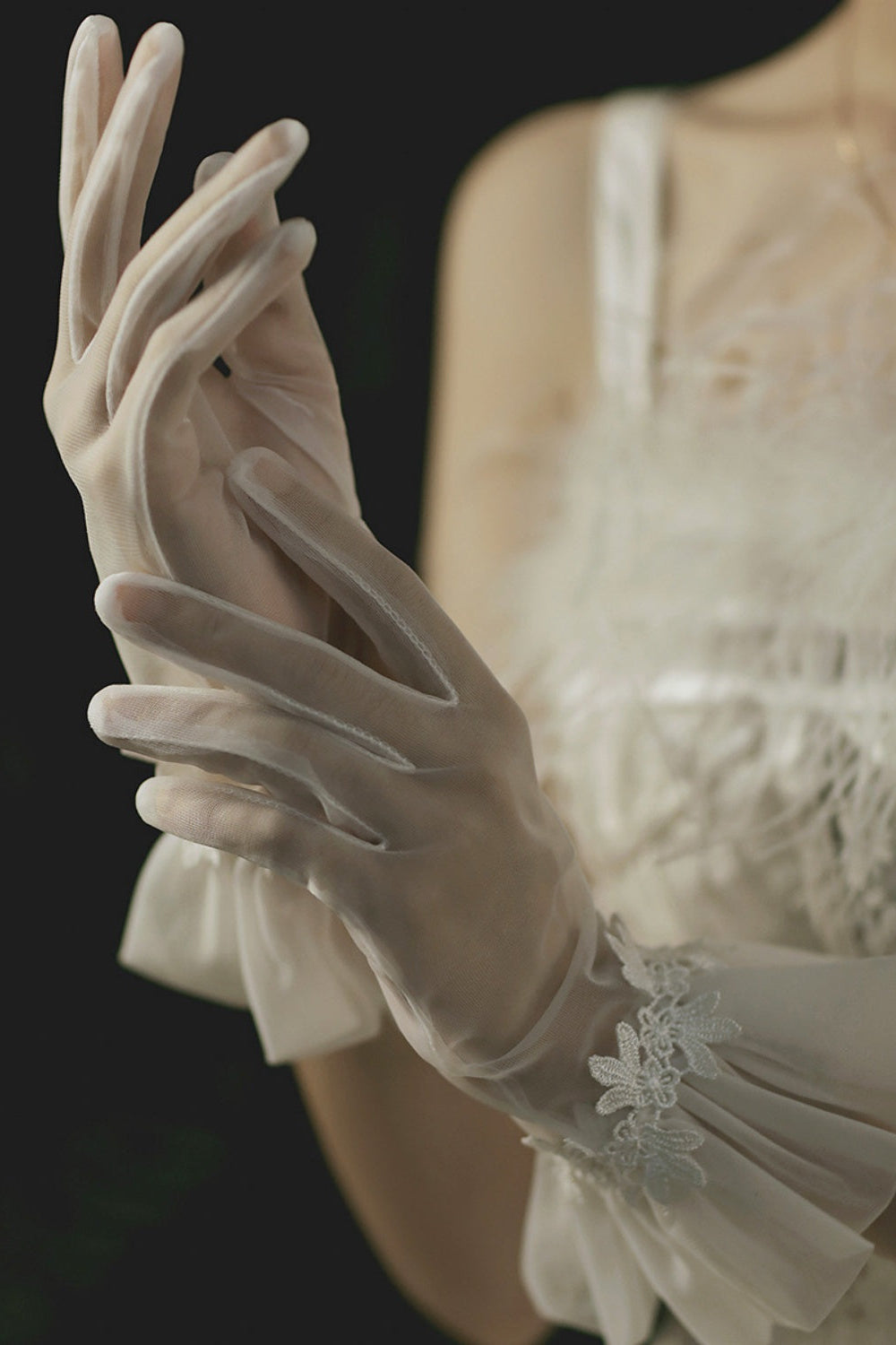 White Sheer Short Wedding Gloves with Ruffled Cuffs