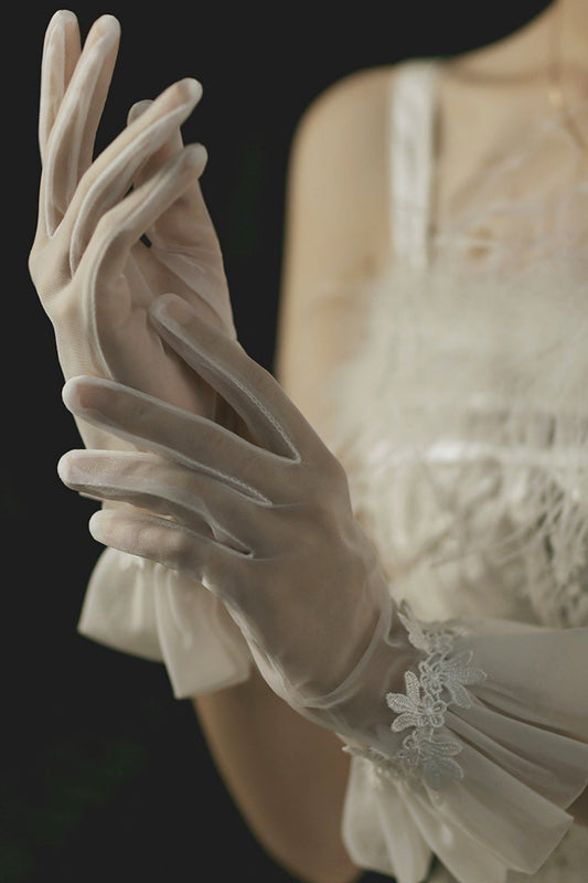 White Sheer Short Wedding Gloves with Ruffled Cuffs