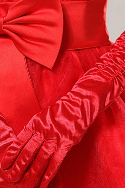 Red Ruched Satin Long Evening Gloves