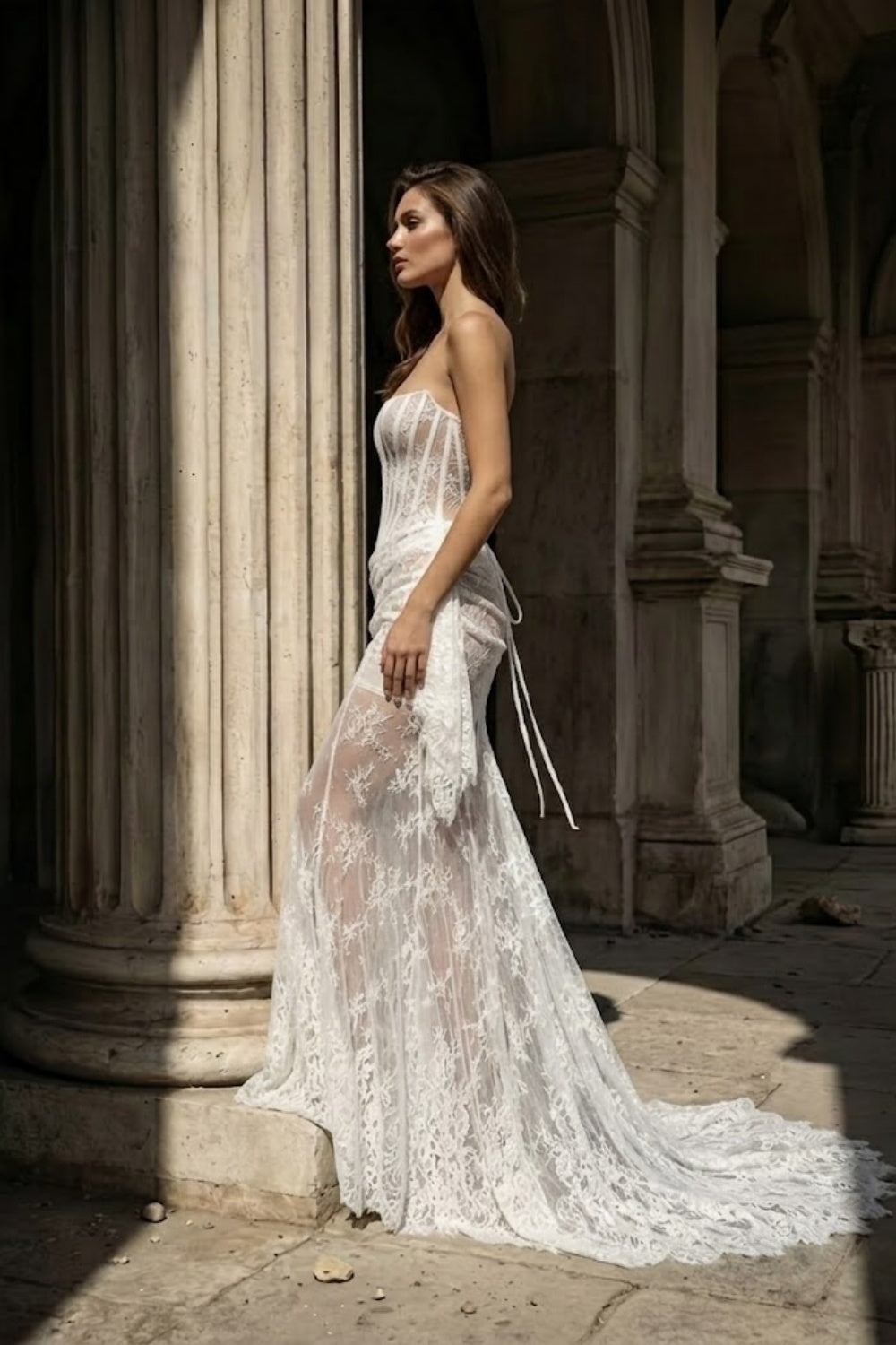 Corset White Mermaid Strapless Long Wedding Dress with Lace