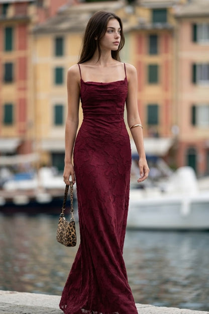 Burgundy Sheath Cowl Neck Long Formal Dress with Floral Lace