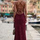 Burgundy Sheath Cowl Neck Long Formal Dress with Floral Lace