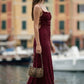 Burgundy Sheath Cowl Neck Long Formal Dress with Floral Lace