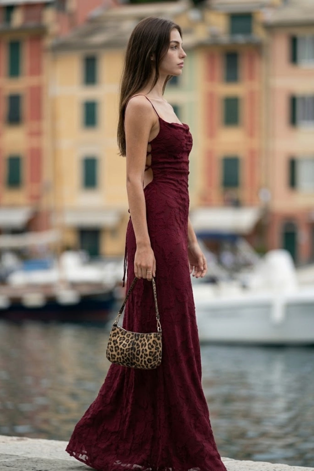 Burgundy Sheath Cowl Neck Long Formal Dress with Floral Lace