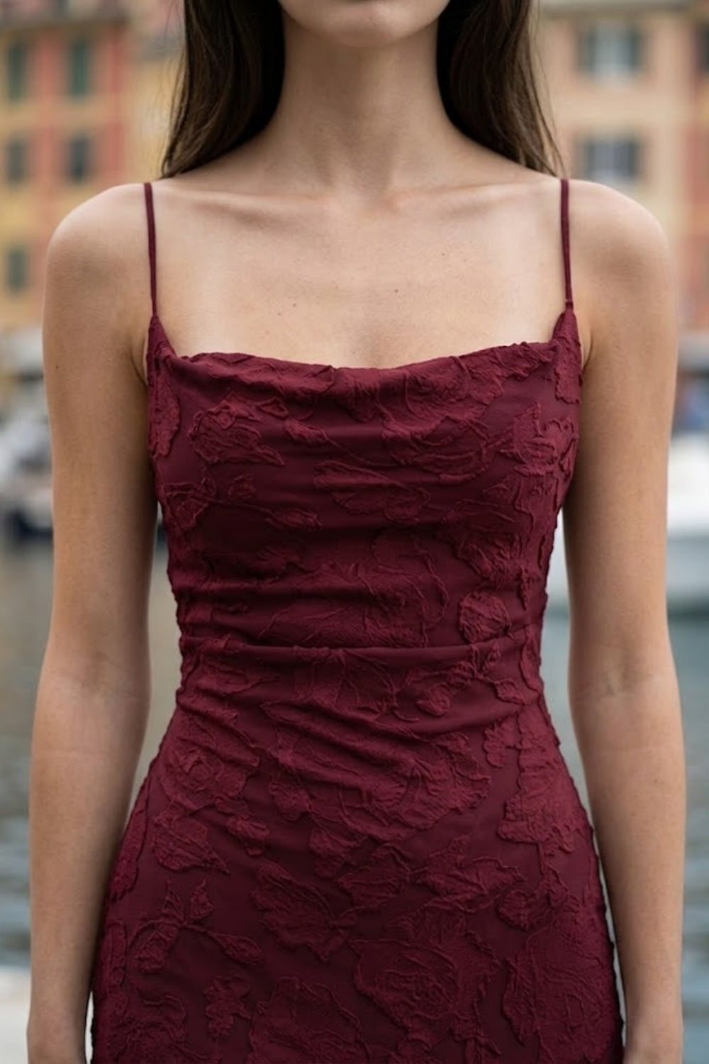 Burgundy Sheath Cowl Neck Long Formal Dress with Floral Lace
