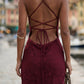 Burgundy Sheath Cowl Neck Long Formal Dress with Floral Lace