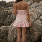 Floral Pink Sheath Strapless Short Homecoming Dress with Ruffle