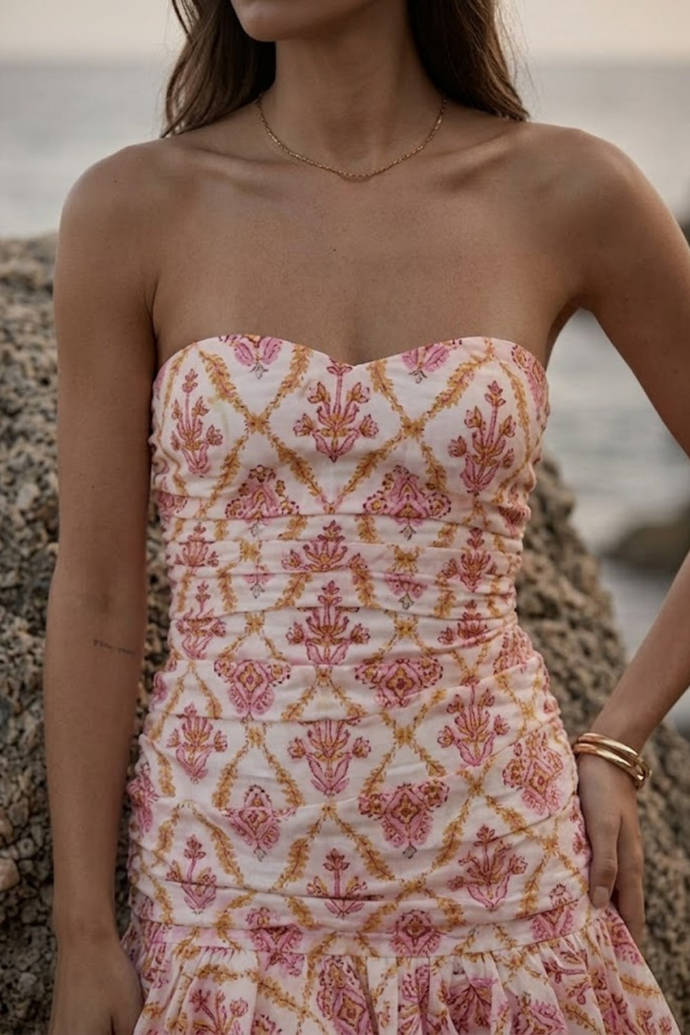 Floral Pink Sheath Strapless Short Homecoming Dress with Ruffle