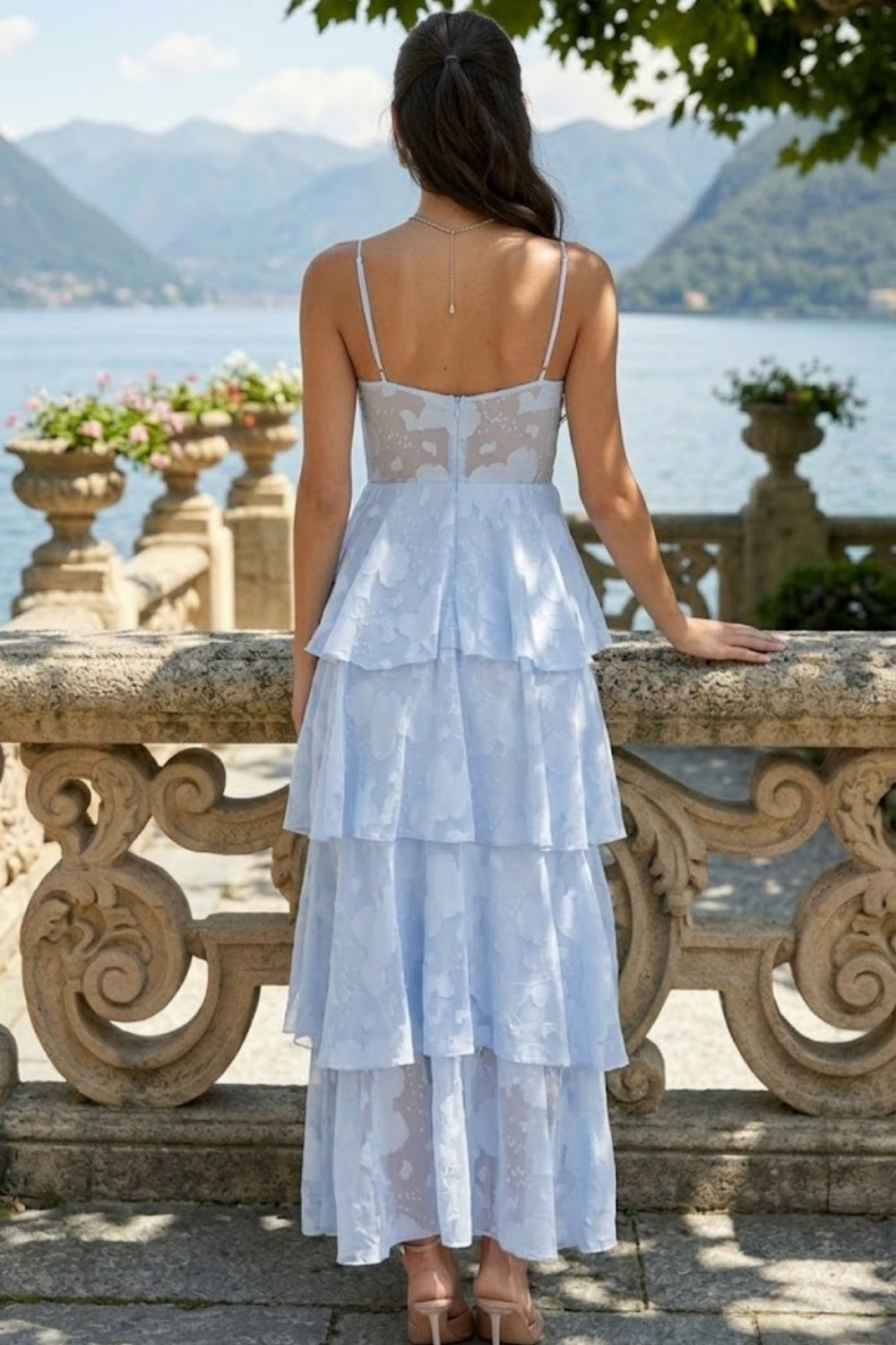 Light Blue A Line Spaghetti Strap Long Prom dress with Slit