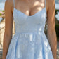 Light Blue A Line Spaghetti Strap Long Prom dress with Slit
