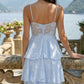 Light Blue A Line Spaghetti Strap Long Prom dress with Slit