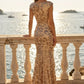 Gold Mermaid Square Neck Long Prom Dress with Sequins