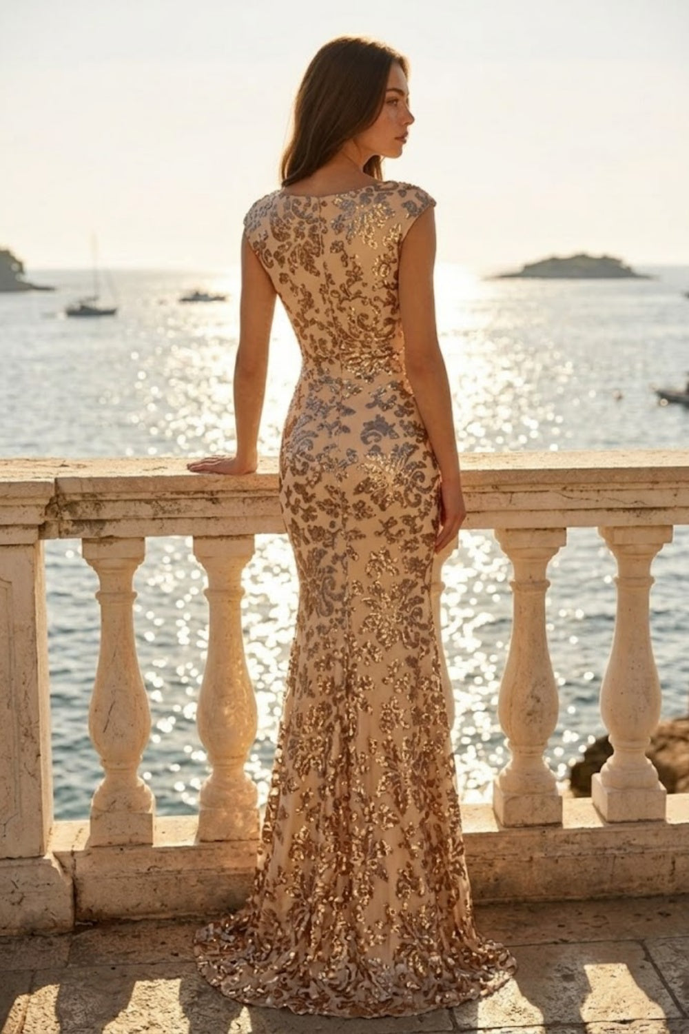Gold Mermaid Square Neck Long Prom Dress with Sequins