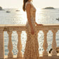 Gold Mermaid Square Neck Long Prom Dress with Sequins
