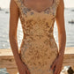 Gold Mermaid Square Neck Long Prom Dress with Sequins