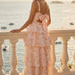 Pink Floral A Line Square Neck Long Prom Dress with Bow