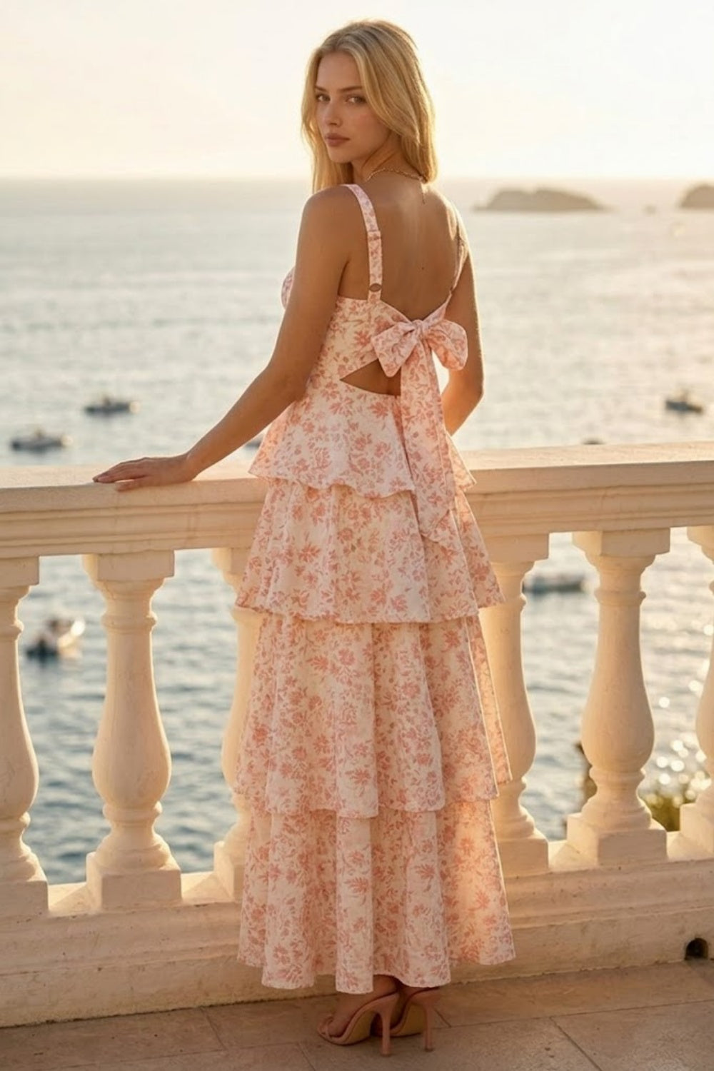 Pink Floral A Line Square Neck Long Prom Dress with Bow