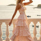 Pink Floral A Line Square Neck Long Prom Dress with Bow