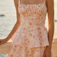 Pink Floral A Line Square Neck Long Prom Dress with Bow