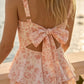 Pink Floral A Line Square Neck Long Prom Dress with Bow