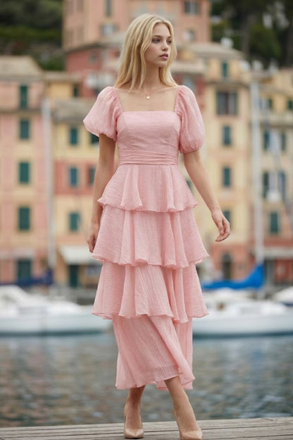 Pink A Line Square Neck Long prom Dress with Ruffles