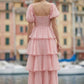 Pink A Line Square Neck Long prom Dress with Ruffles