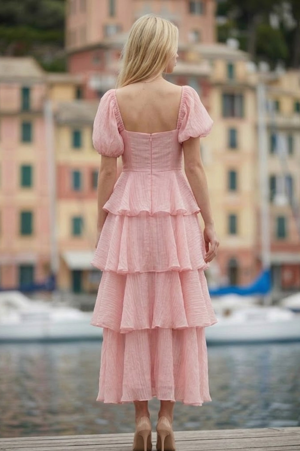 Pink A Line Square Neck Long prom Dress with Ruffles
