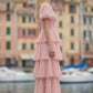 Pink A Line Square Neck Long prom Dress with Ruffles