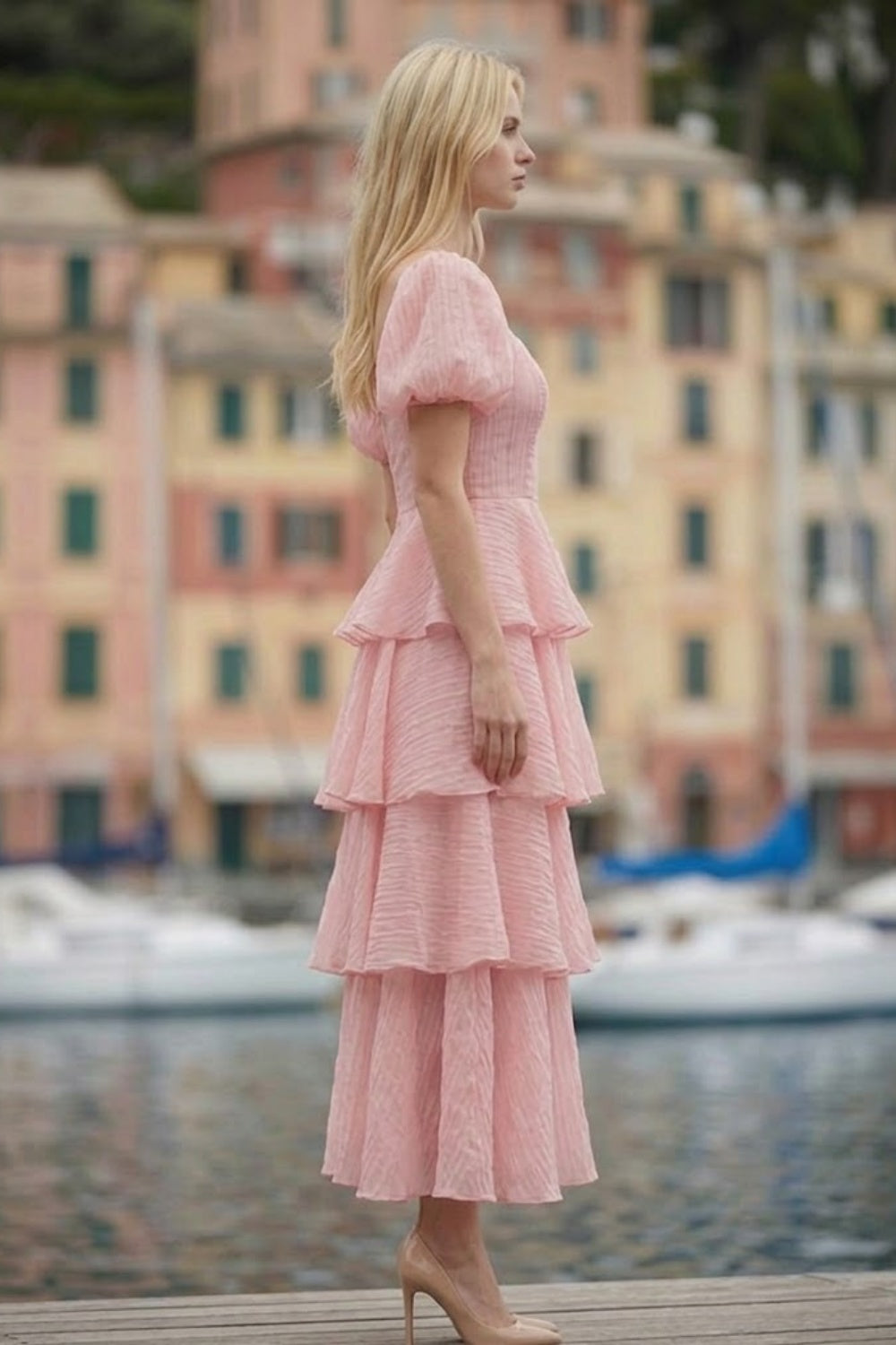 Pink A Line Square Neck Long prom Dress with Ruffles