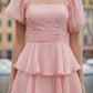 Pink A Line Square Neck Long prom Dress with Ruffles